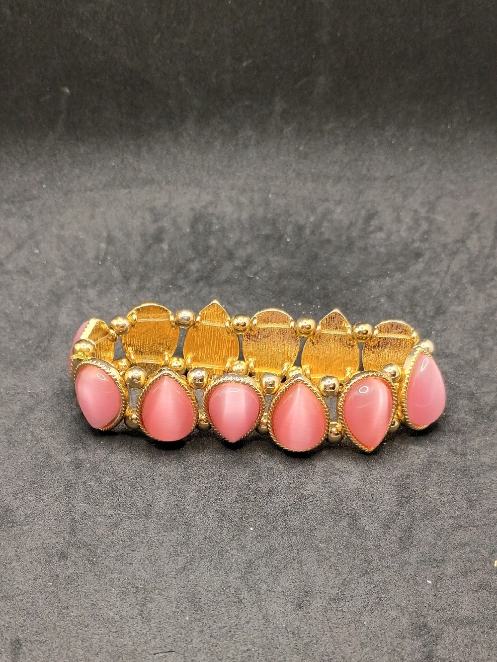Gold Stretch Bracelet with Pink Teardrop Cabochons